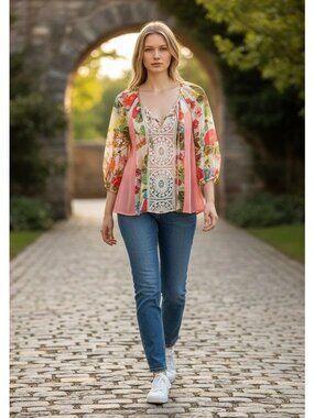 Meadow Rue Floral Crochet Blouse XS Boho Pink Green Sheer 3/4 Sleeve Top